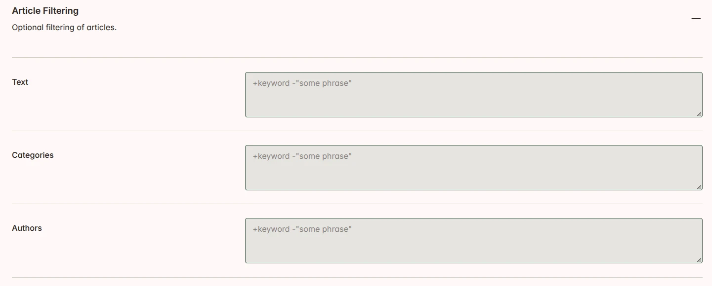 The fields for filtering articles within a subscription