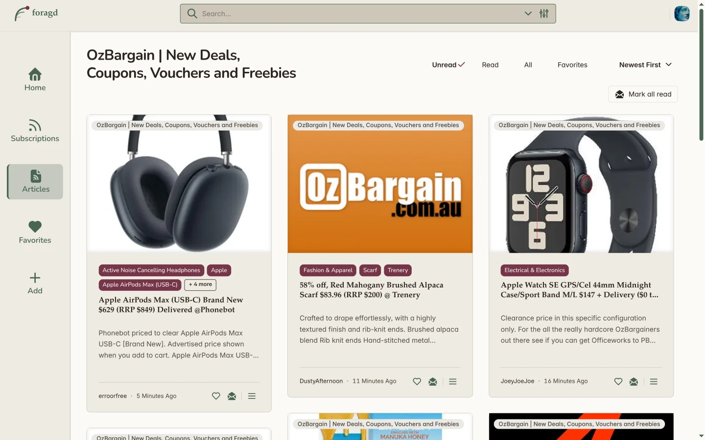 Article list in Foragd from the Ozbargain subscription