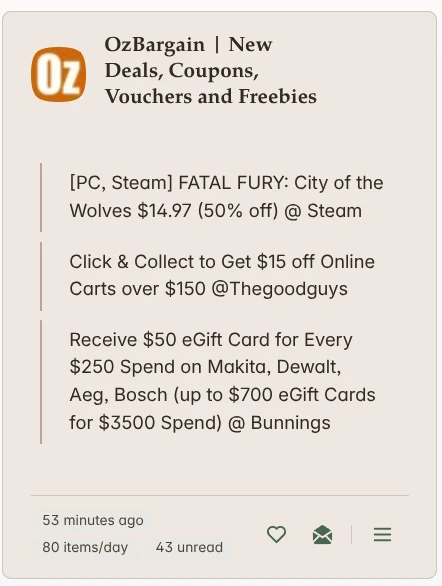 Ozbargain subscription card with stats shown
