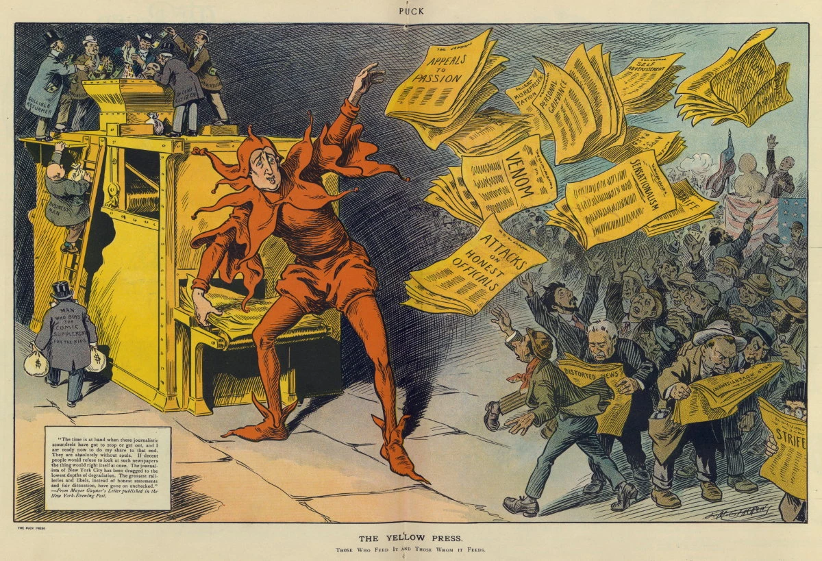 The Yellow Press, illustration from 1910 depicting William Randolph Hearst as a jester tossing newspapers with headlines such as 'Appeals to Passion, Venom, Sensationalism, Attacks on Honest Officials, Strife, Distorted News, Personal Grievance, [and] Misrepresentation' to a crowd of eager readers
