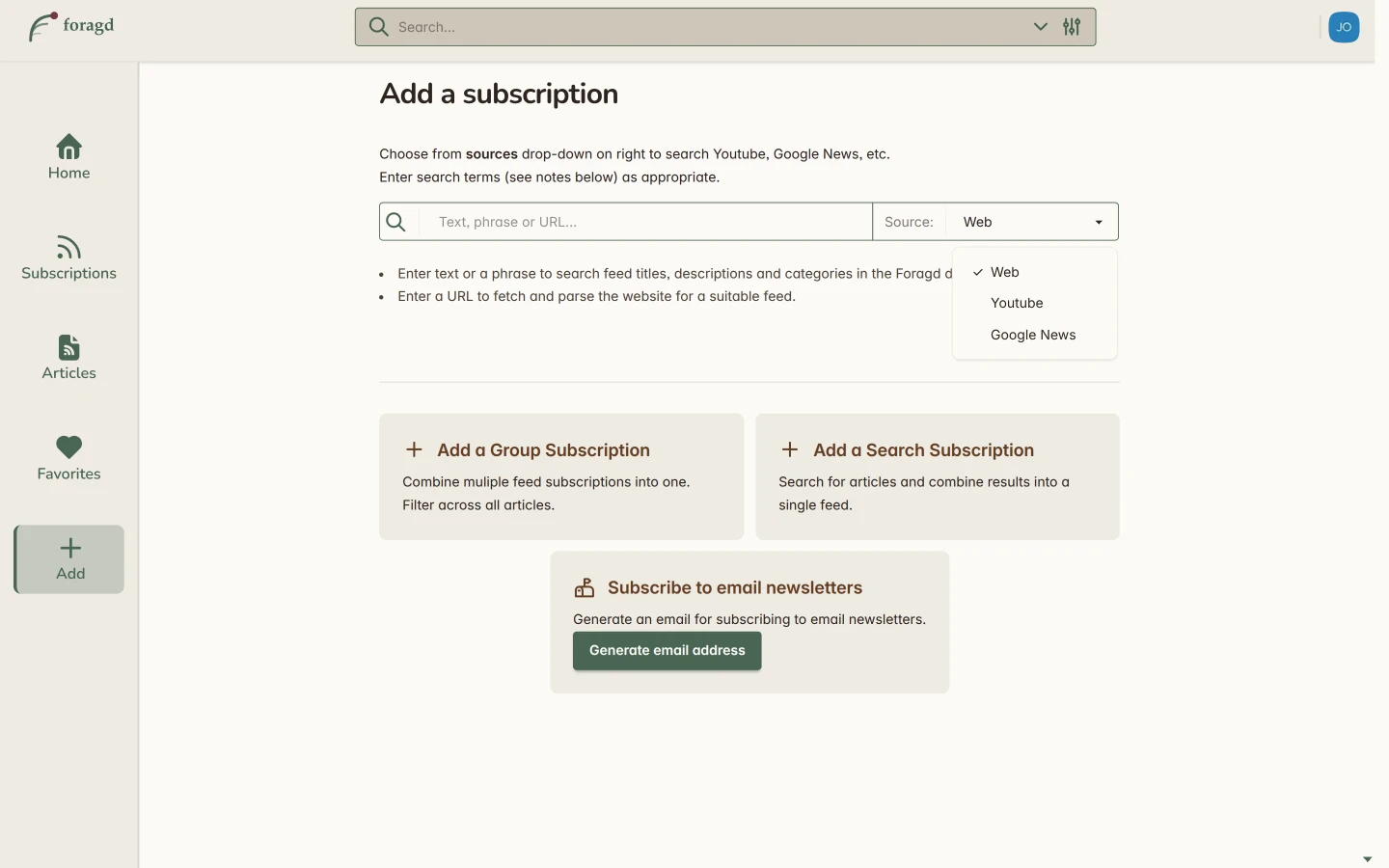 Adding a new subscription in Foragd by entering a URL, search term, or YouTube handle