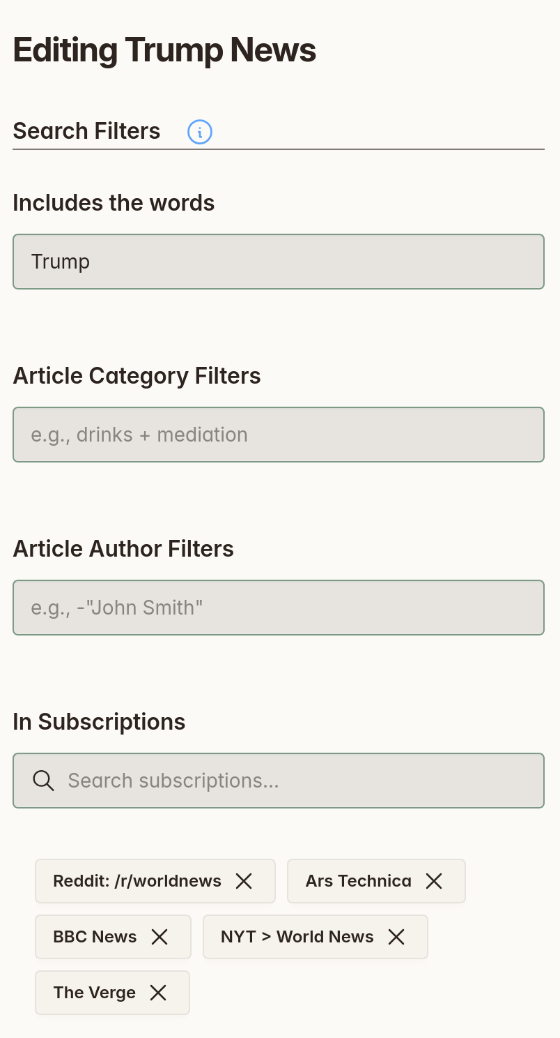 Screenshot of creating a Search Subscription