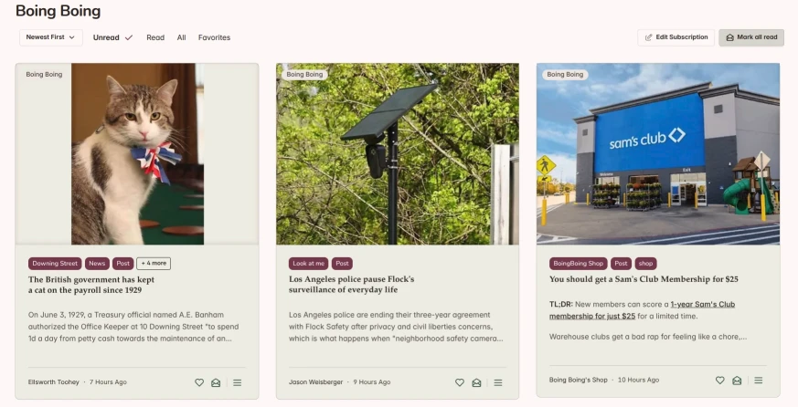 View of a subscription showing read state and action buttons