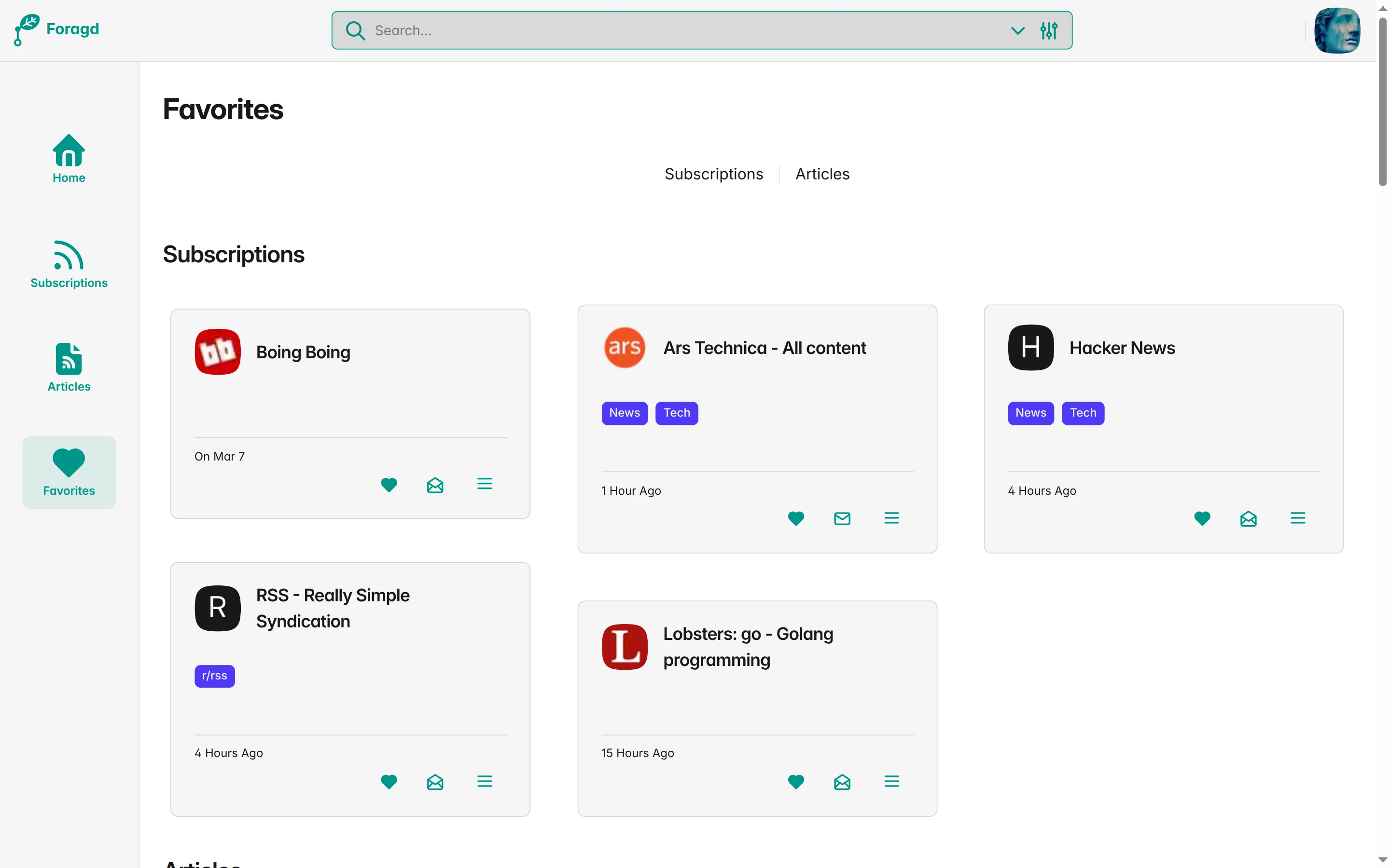 Screenshot of favorites page