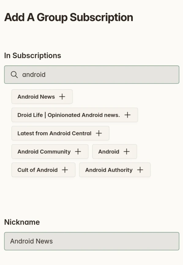 Screenshot showing adding multiple feeds to create a group subscription
