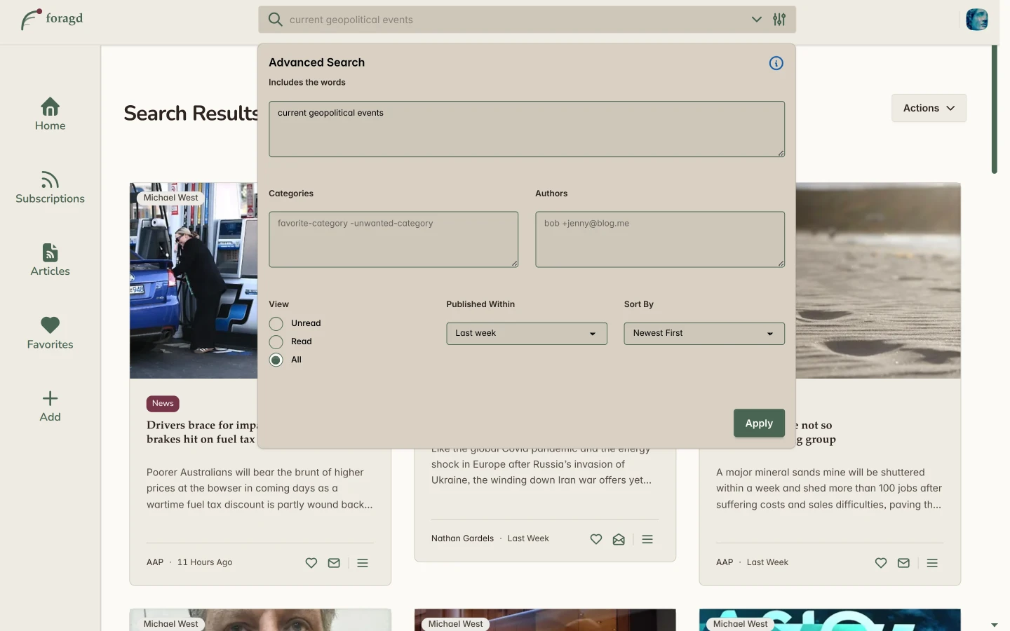 Advanced full-text search filters in Foragd, filtering by keyword, category, author and time period
