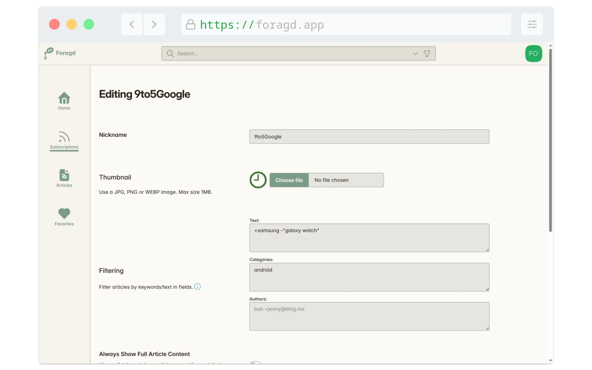 Screenshot showing subscription customisation options and settings