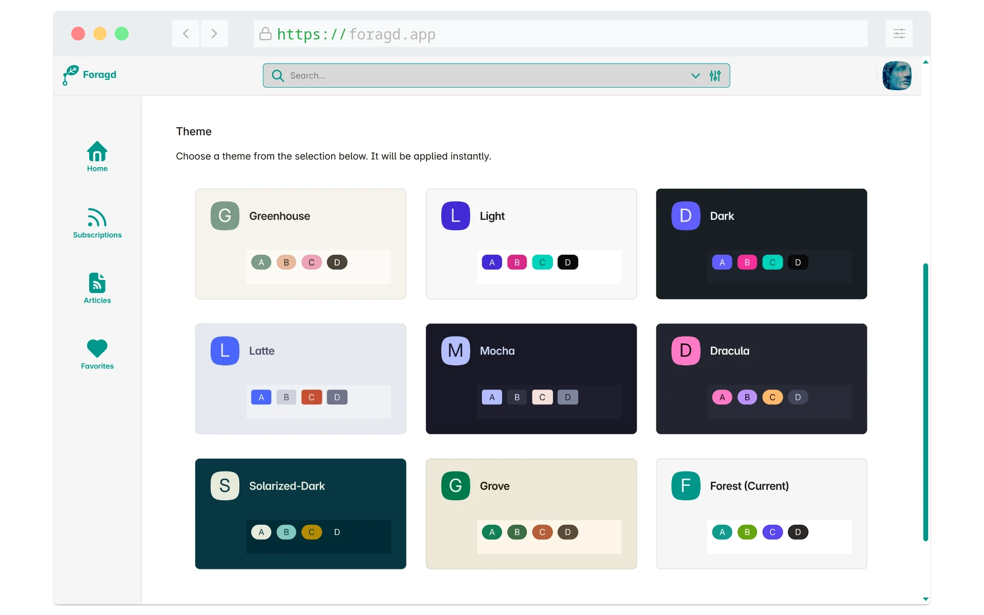 Screenshot showing available themes