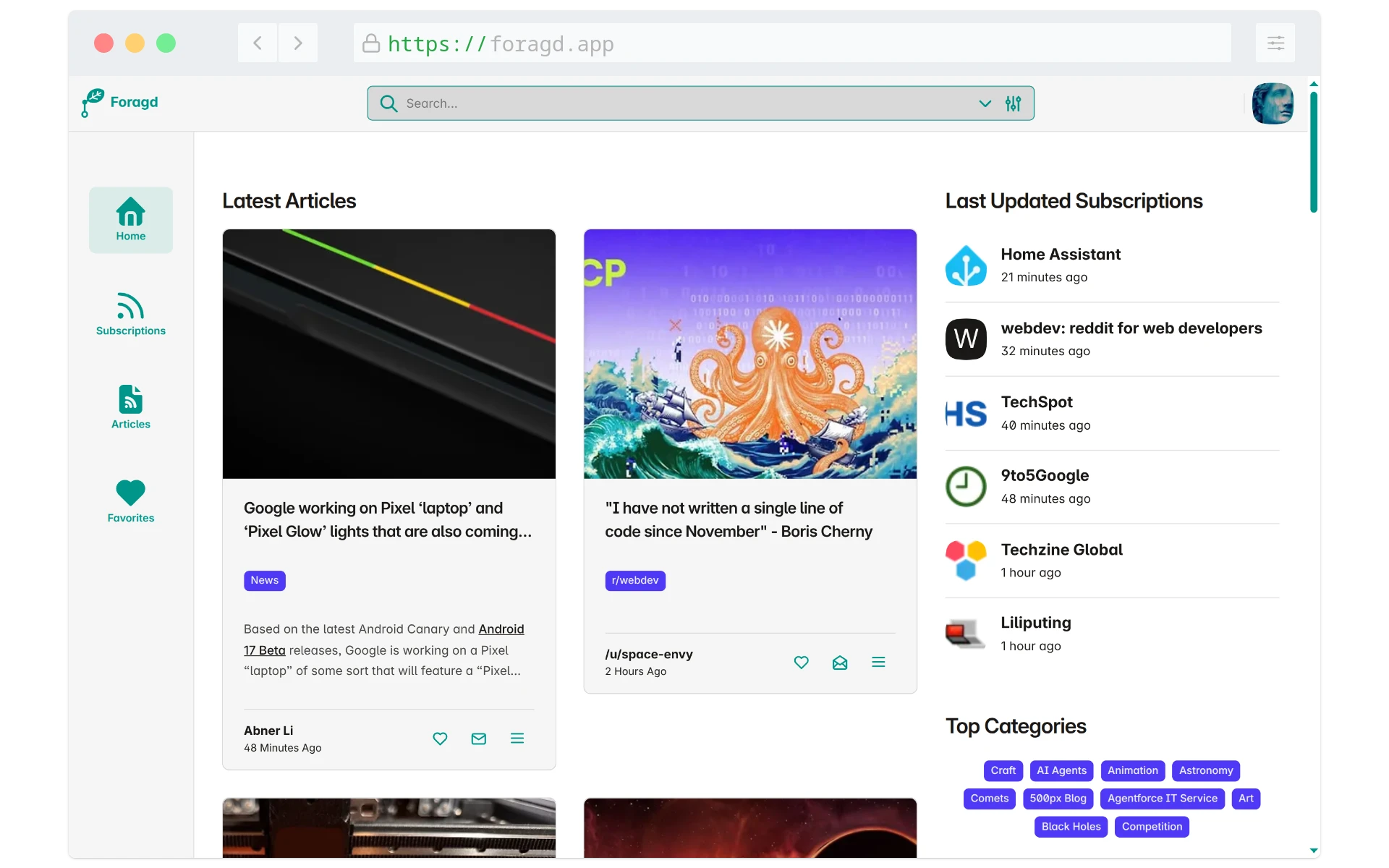 Foragd RSS feed reader showing subscription cards and article list on desktop and mobile