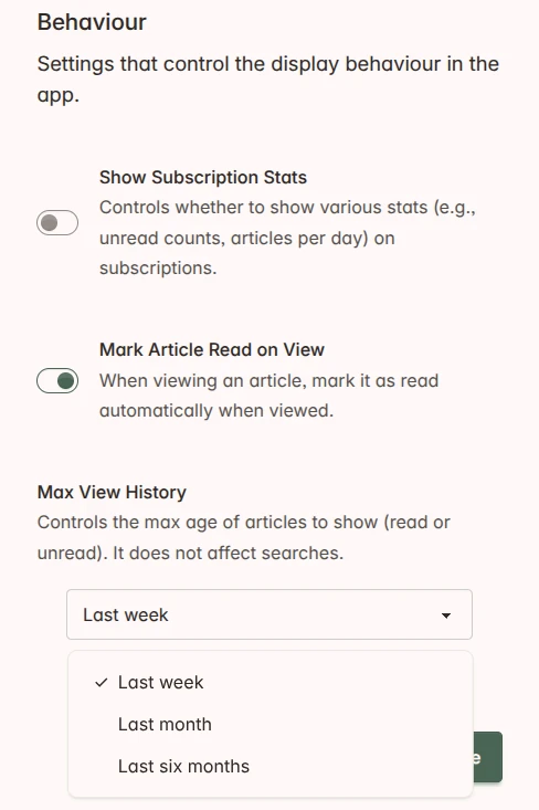 Settings for controlling unread counts, automatic read marking, and article backlog timespan in Foragd