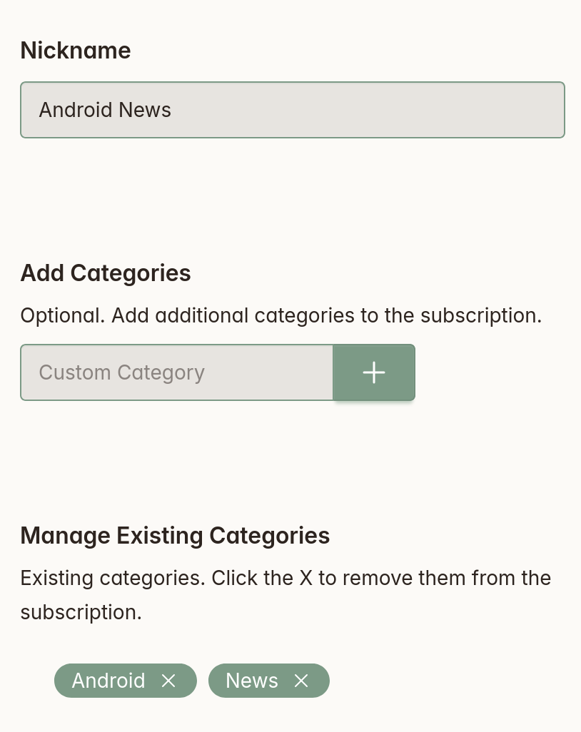 Screenshot of subscription customization