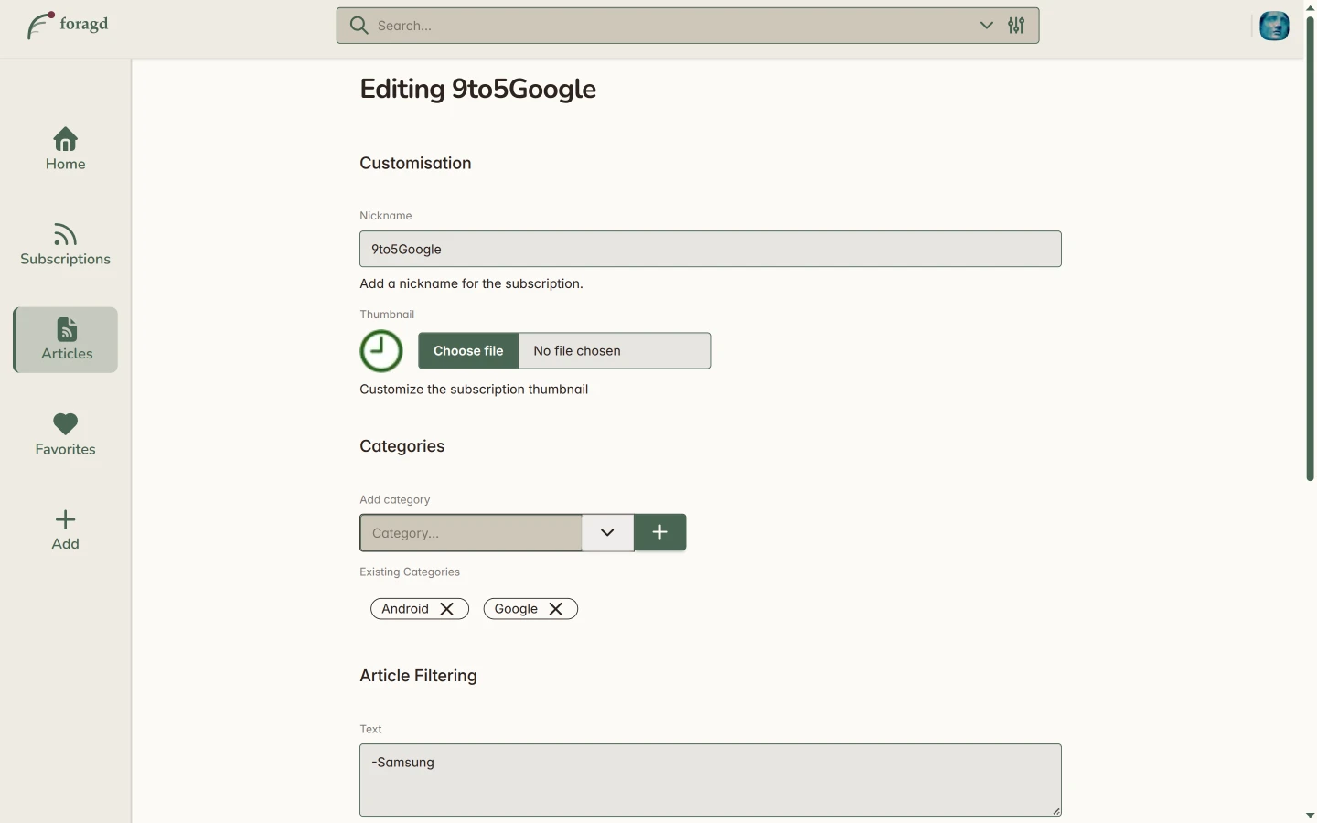 Customising a subscription's nickname and image in Foragd
