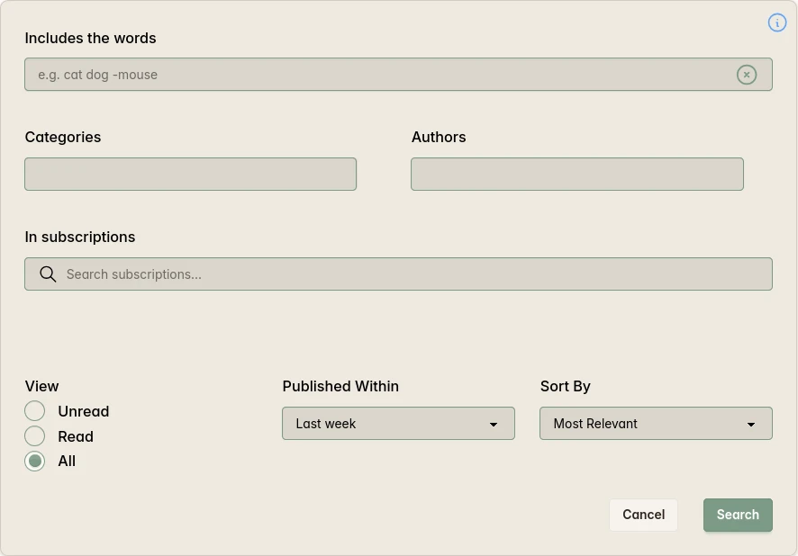 Screenshot showing the advanced search filtering dialog