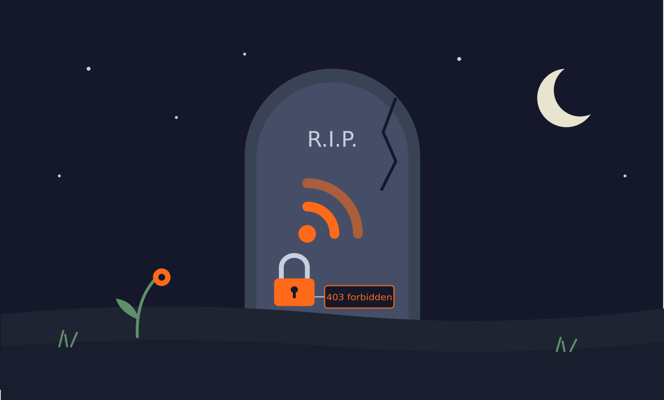 A tombstone with the RSS logo and underneath, a padlock with the text '403 forbidden'