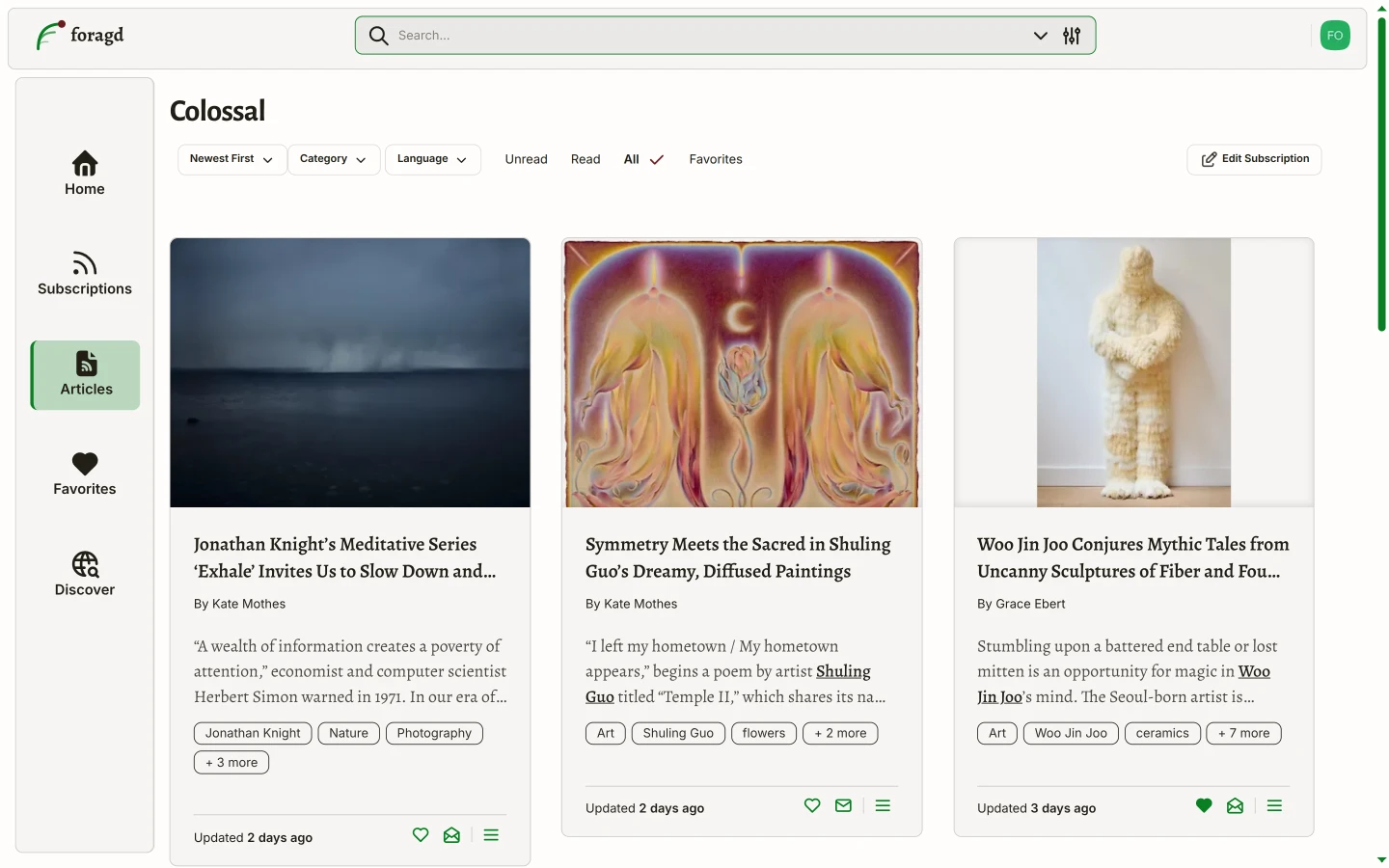 View of a subscription showing articles with different states (unread/read/favorited)