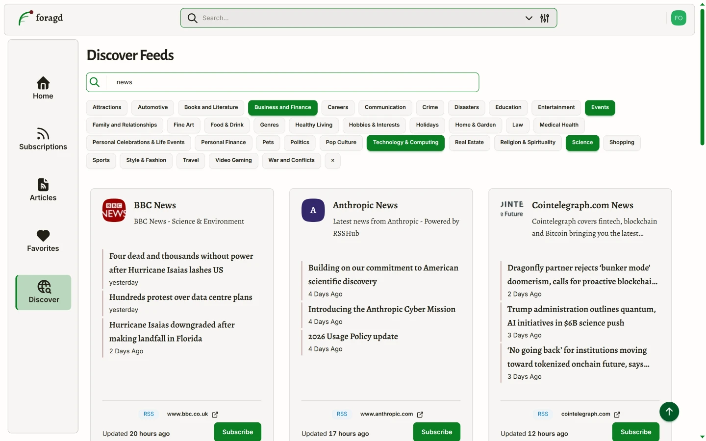 View of the discover page with results shown for some categories selected and a search term entered