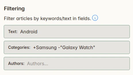 Screenshot showing the article filtering options for a subscription in Foragd