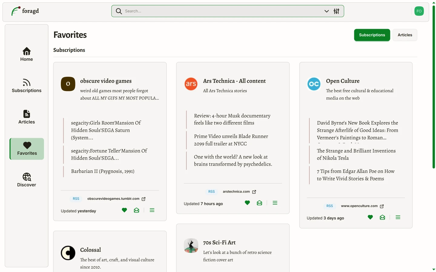 View of the subscription favorites page