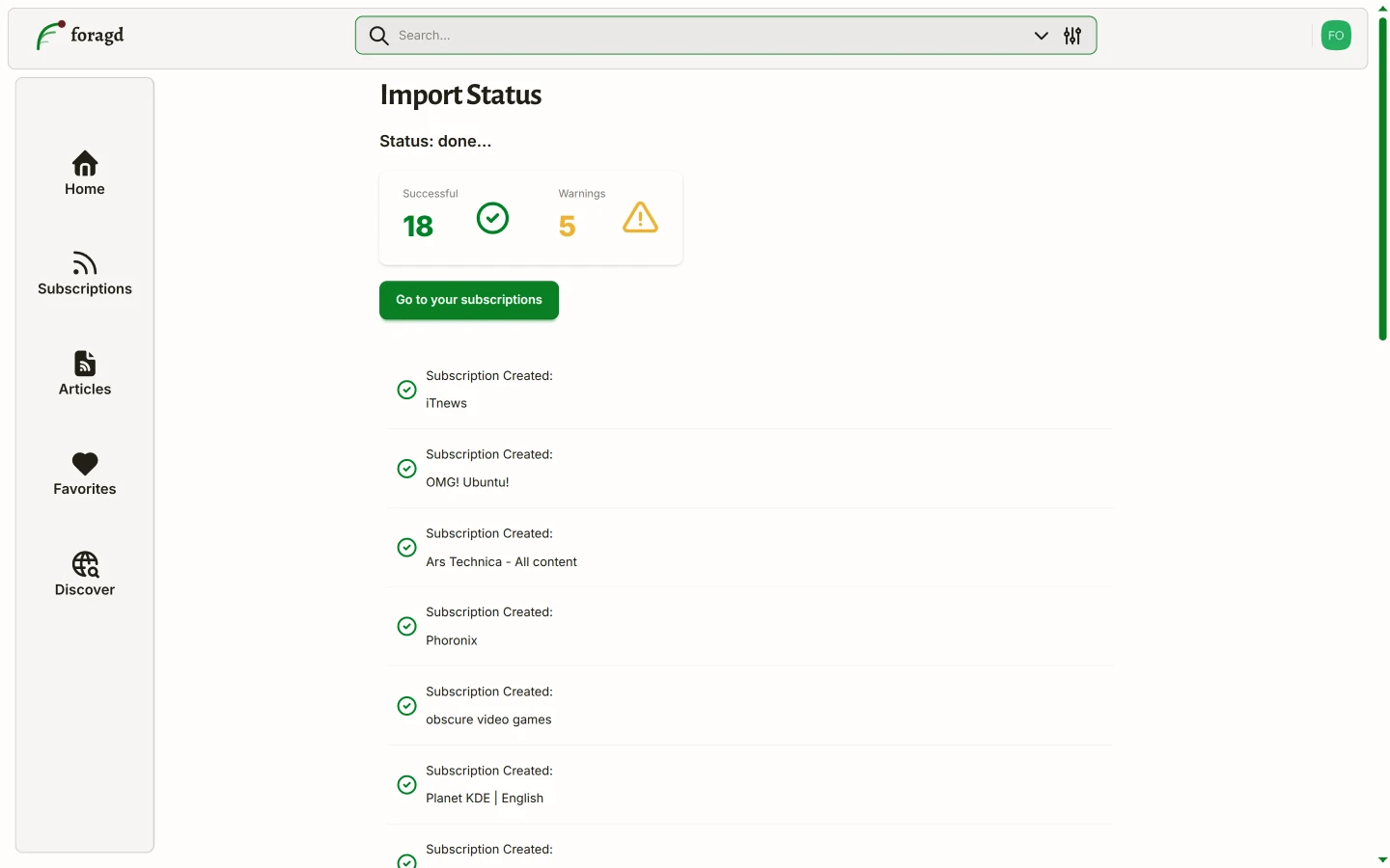Screenshot of OPML import results showing subscriptions migrated from another feed reader into Foragd
