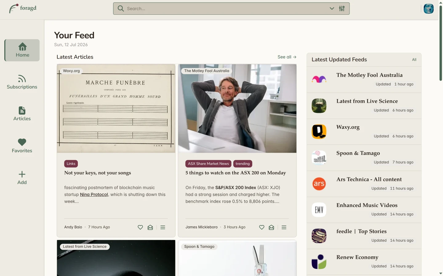 Foragd RSS feed reader on desktop showing home page with latest articles and subscriptions